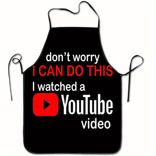 1pc Funny "Don't Worry, I Can Do This" YouTube-Inspired Polyester Apron for Cooking, Baking & Grilling - Black with Red Play Button Design, Adjustable Neck Strap, Perfect Kitchen Gift for Adults, Grilling Apron