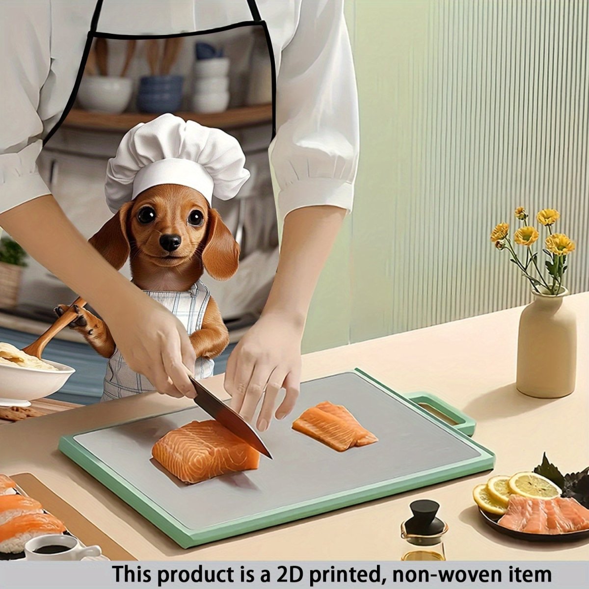 1pc Cute Dachshund Chef Apron - 2D Printed with Hat and Utensils, Polyester Baking Gardening Apron, Home Decor Holiday Gift - Buy That Thang