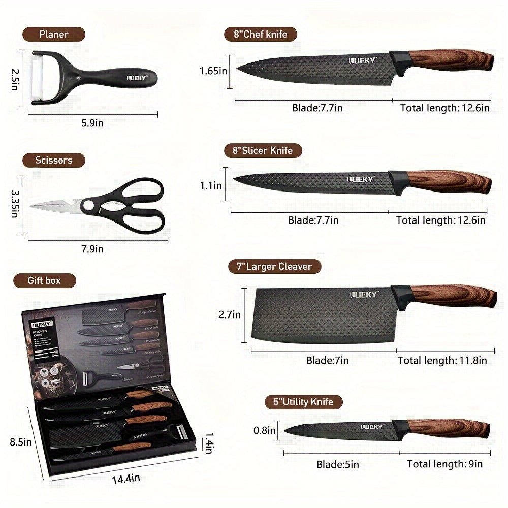 6pcs Professional Kitchen Knife Set With Ergonomic Wooden Handles - Ideal For Home Cooking And Professional Chefs - Includes Gift Box Packaging - Suitable For Cutting Meat, Vegetables, Fruits, Bread, And More - Buy That Thang