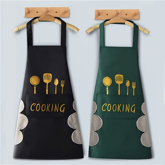 2pcs, Black And Green Polyester Apron, Simple Apron, Thickened Waist Apron, Stylish Household Kitchen Household Work Clothes, Kitchen Supplies, Printed Apron - Mother's Day Gift