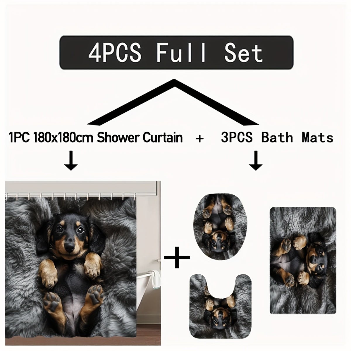 1/3/4pcs Cozy Puppy Shower Curtain Set - Adorable Dachshund Design with, U - Shaped & Toilet Lid Cover, 12 Hooks, 70.87x70.87inch, Polyester, All - Season Use, Dog Lover Home Decor, Dog Lover Gifts, Playful Design, Durable Fabric - Buy That Thang