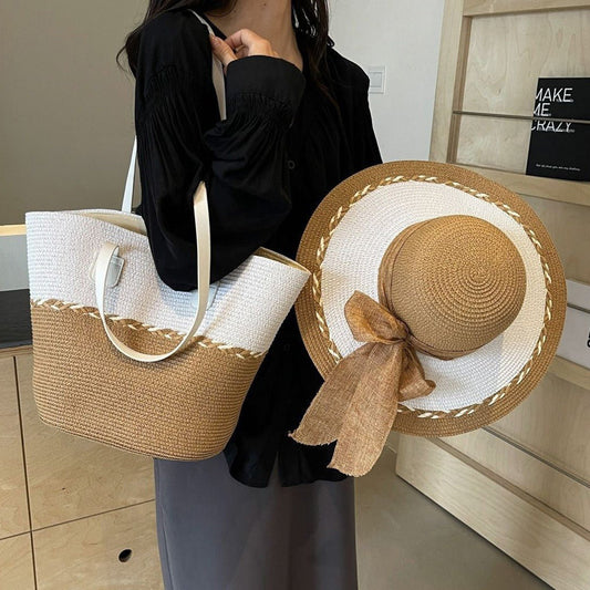 Straw Bag and Hat Set for Women, Beach Vacation, Versatile Sun Protection Wide Brim Hat, Commute Travel Large Capacity Tote Bag - Buy That Thang