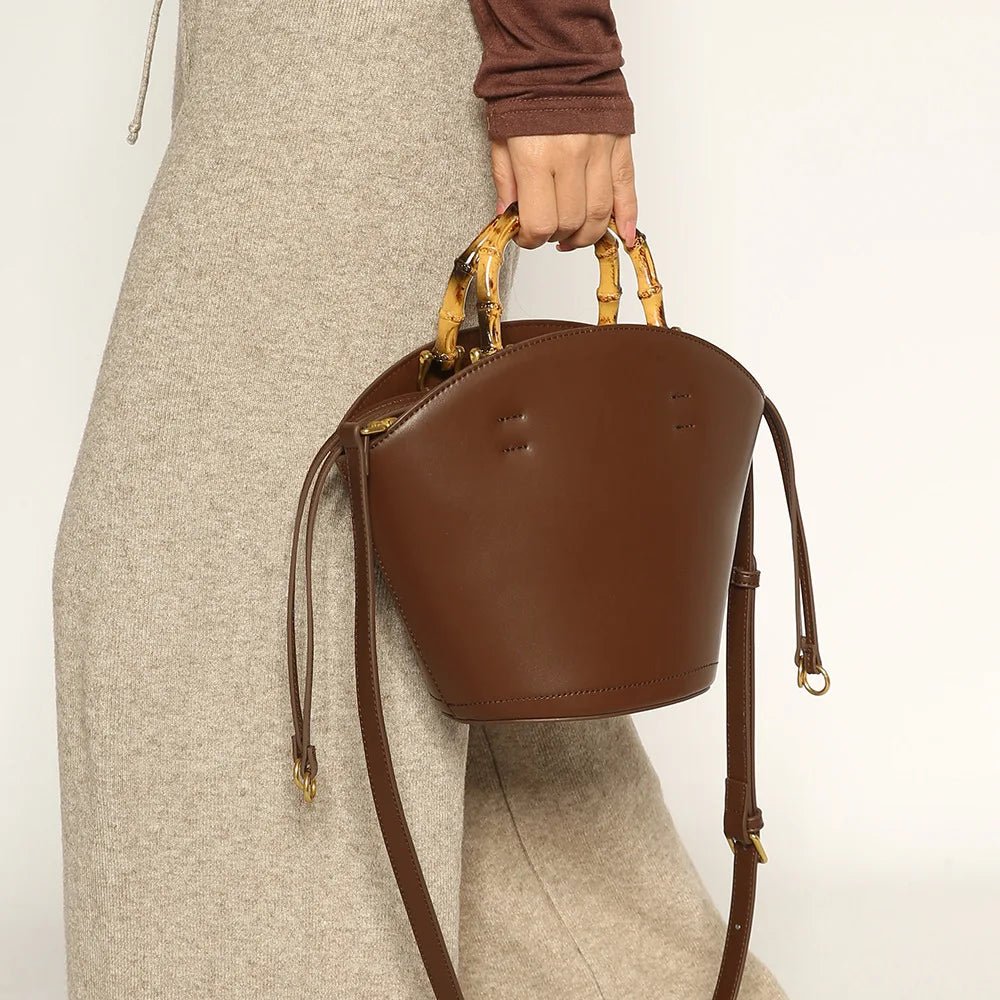 New design bucket bag fashion bamboo handle soft leather women bag single shoulder crossbody bag - Buy That Thang