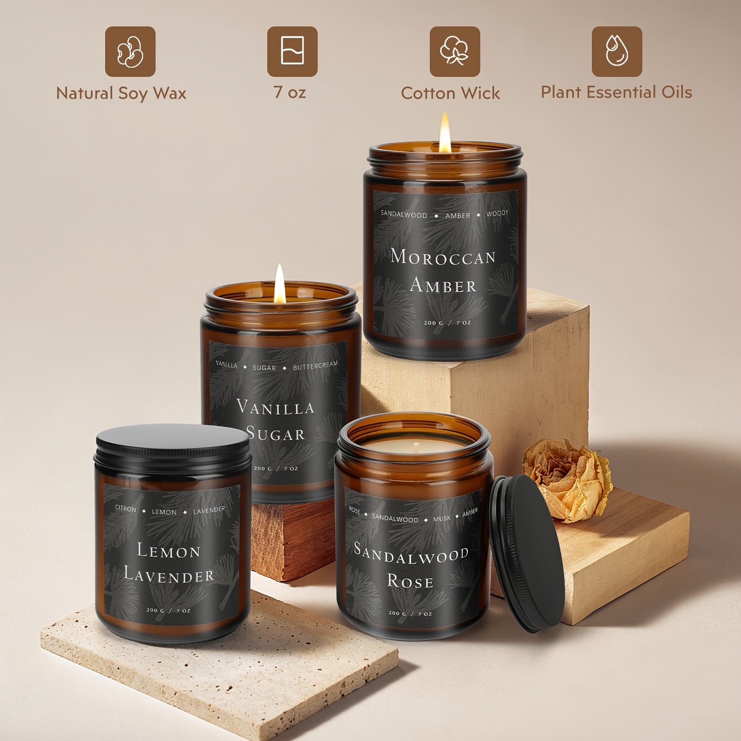 4pcs Scented Candles Home Scented Candles, 28oz Soy Wax Candle Gift Set for Women Men (Lemon Lavender/Vanilla Sugar/Sandalwood Rose/Moroccan Amber), Home Decor, Birthday, Valentine, Thanksgiving Christmas Decorations Christma
