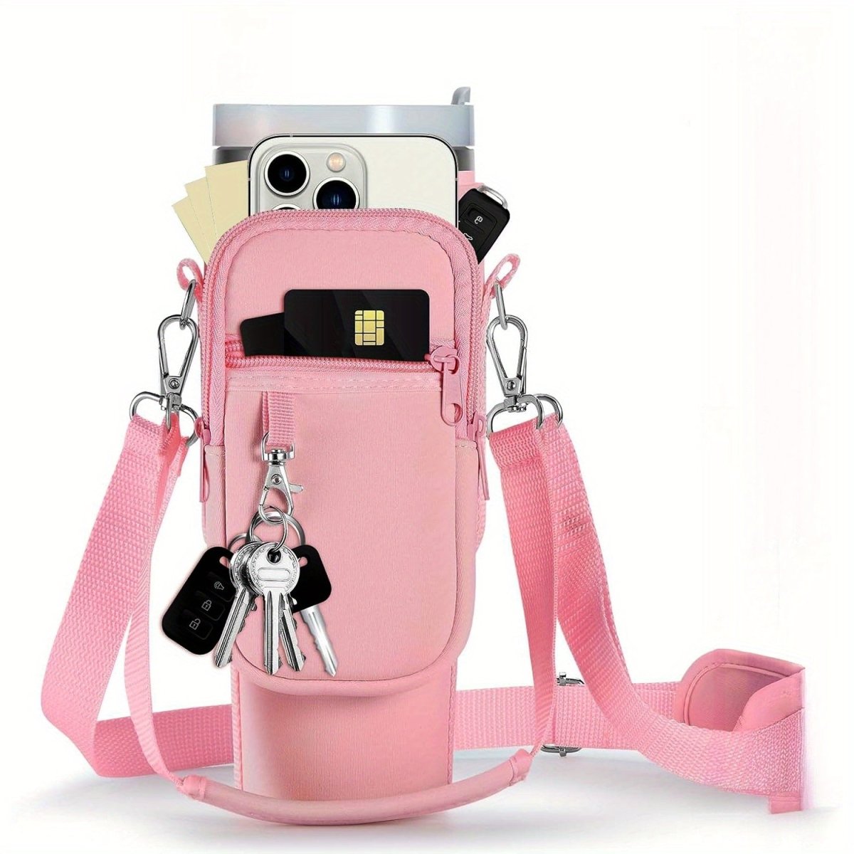 40oz Pink Insulated Travel Mug Holder with Adjustable Strap – Snug - Fit Design for Secure Carrying, Ideal for Gym, School, Dorm, and Camping, Mug Not Included, Gym Drinkware | Stylish Cup Holder | Secure Carry Strap - Buy That Thang