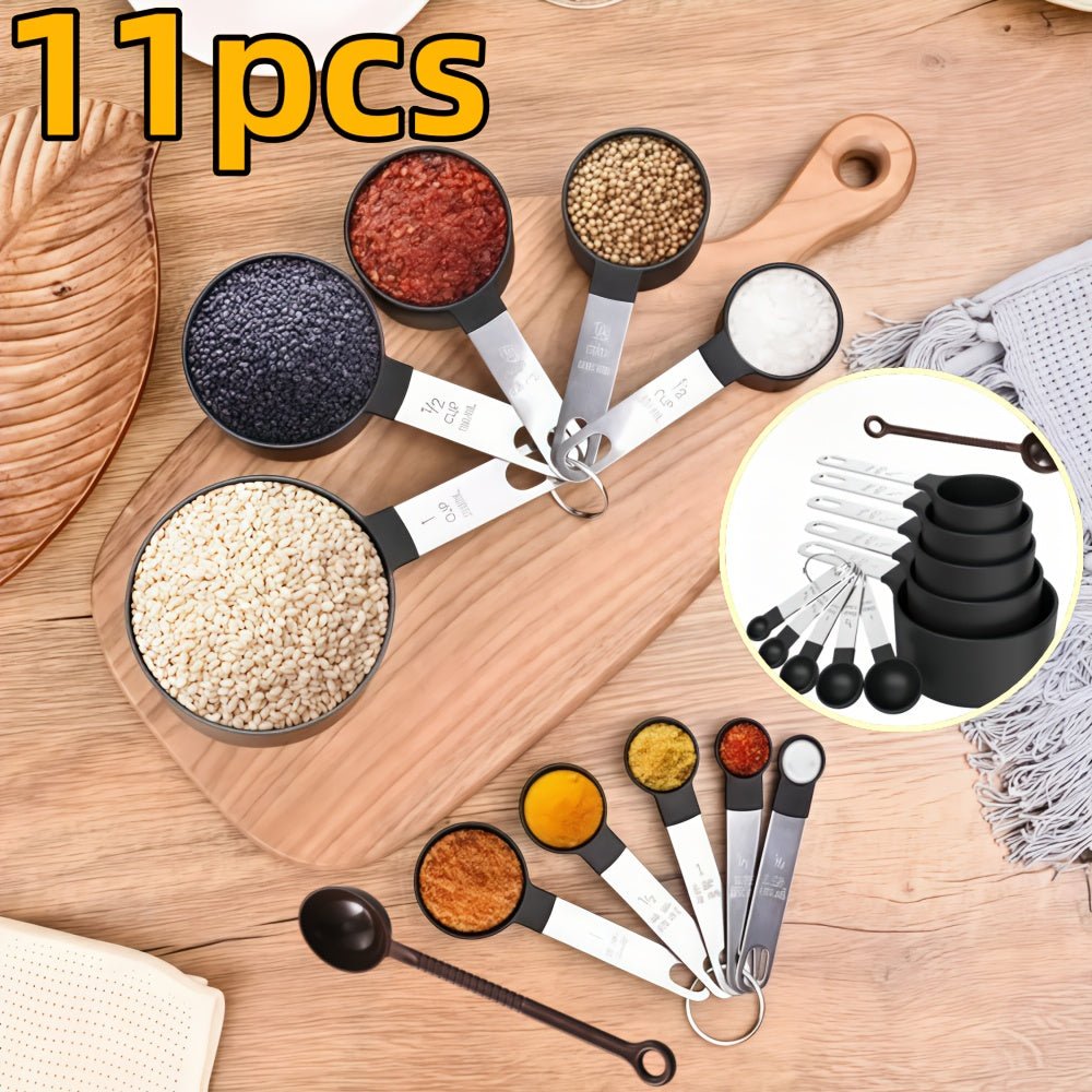 11pcs Stackable Measuring Cup and Spoon Set with Stainless Steel Handle - Durable Plastic Kitchen Tools, Clear Measurement Markings, Space - Saving Design for Precise Cooking, Baking, and Liquid/Dry Ingredient Measurements - Id - Buy That Thang