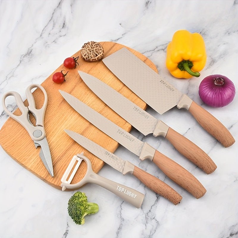 6pcs Professional Kitchen Knife Set With Ergonomic Wooden Handles - Ideal For Home Cooking And Professional Chefs - Includes Gift Box Packaging - Suitable For Cutting Meat, Vegetables, Fruits, Bread, And More - Buy That Thang