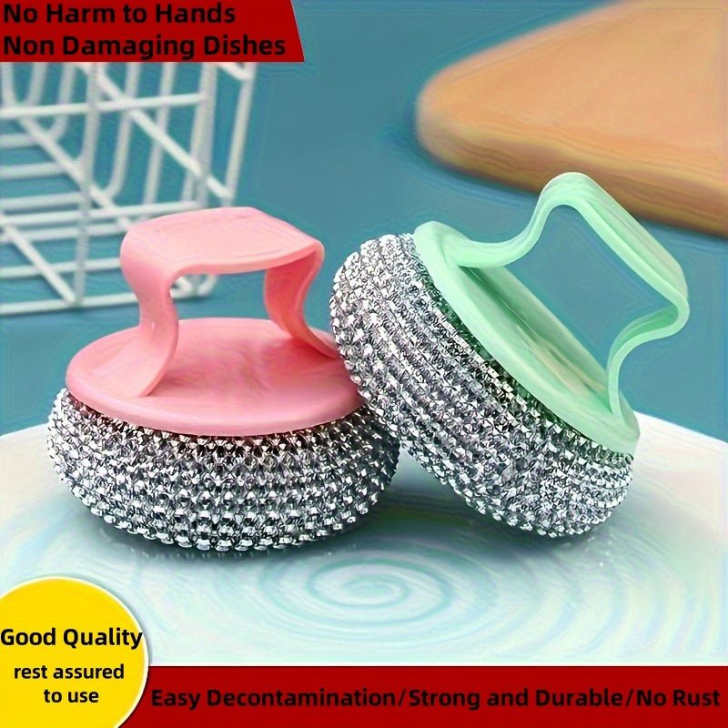 1pc Stainless Steel Cleaning Brush - Ergonomic Handle, Reusable Scrubbing Ball for Cookware, Kitchen, Bathroom, Floor and Outdoor Use, Durable Plastic and Metal Bristles, No Electricity Required, Multifunctional Scrubbing Bal - Buy That Thang