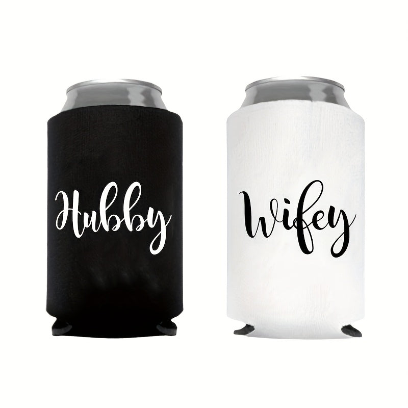 2pcs Hubby & Wifey Engraved Koozies - Reusable, Cans & Glassware Holders with "Hubby" & "Wifey" Design, Ideal for Weddings, Bachelor/Bachelorette Parties & More, Party Accessory | Personalized Koozies | Durable Koo