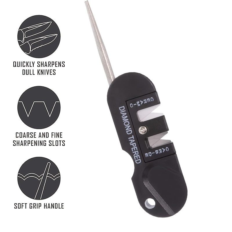 [Multi-Tool Knife Sharpener] 4-in-1 Multi-Tool Outdoor Knife Sharpener & Sharpening Tool | Lightweight Stainless Steel Clip-On Design, Ambidextrous, for Camping, Hiking, Fishing, DIY Projects, Camping Accessories, Sleek Metal