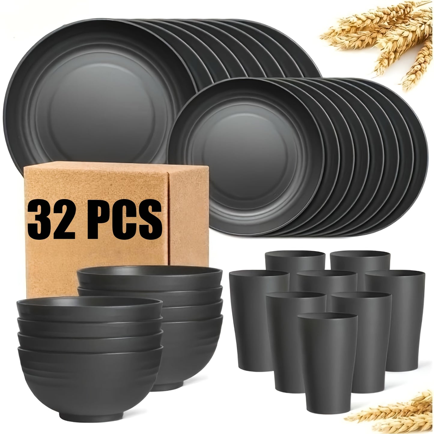 16/32pcs Kitchen Wheat Straw Large Size Dinnerware Set, For 4/8, Unbreakable Modern Dish Set Dinner Plate/Dessert Plate/Cereal Bowl/Cup, Dishwasher Safe, Lightweight Tableware, Camping And Everyday Use, Gifts For Men/Women/Ch