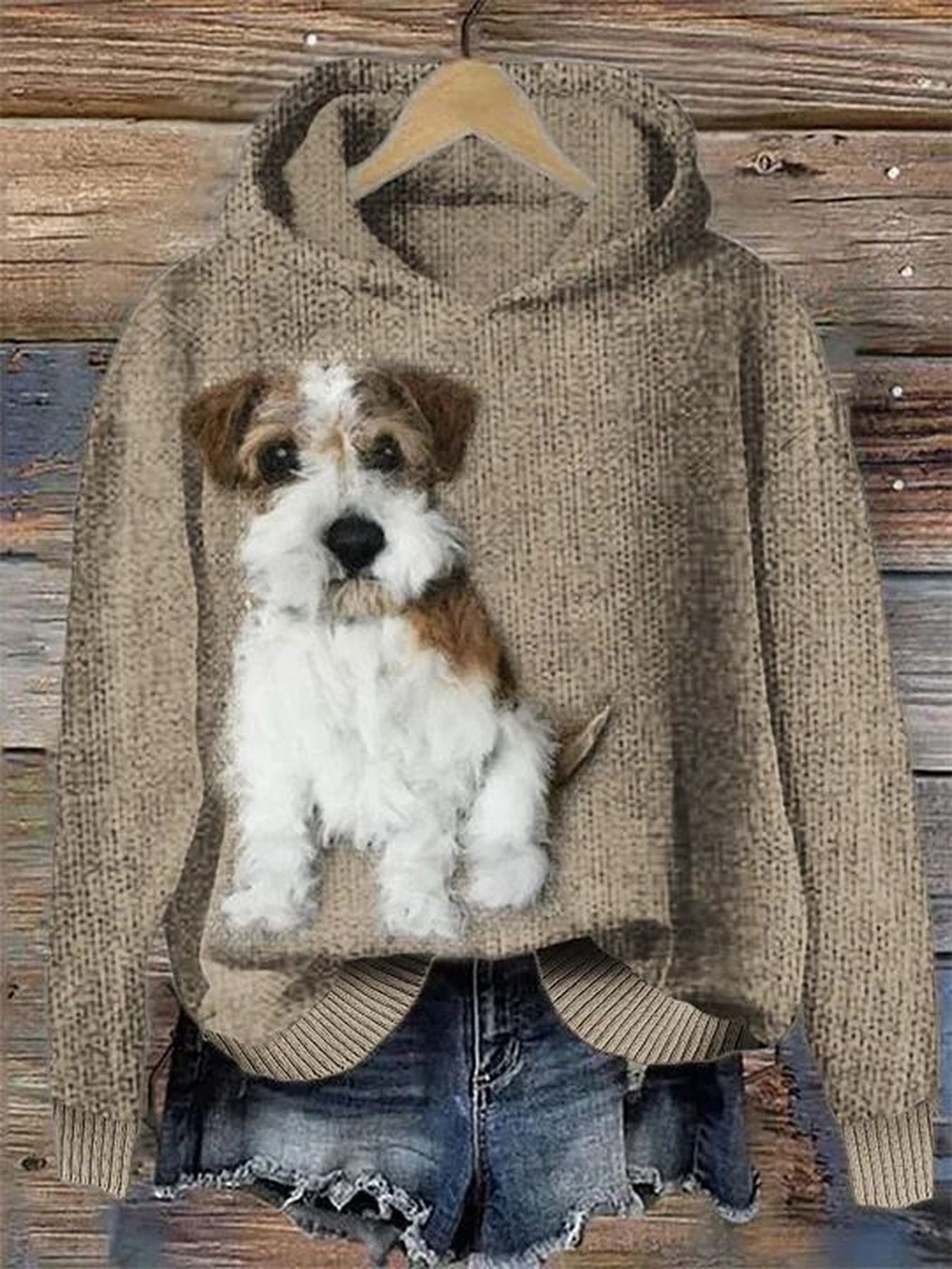 Women'S Cute Jack Russell Terrier Dog Print Hooded Sweater - Thick Cozy Pullover with Front Pocket, All-Season Casual Sweater for Casual Attire & Pet Lovers, Cozy Sweater for Women (Brown/) - Ideal Gift for Christmas, Hallowe