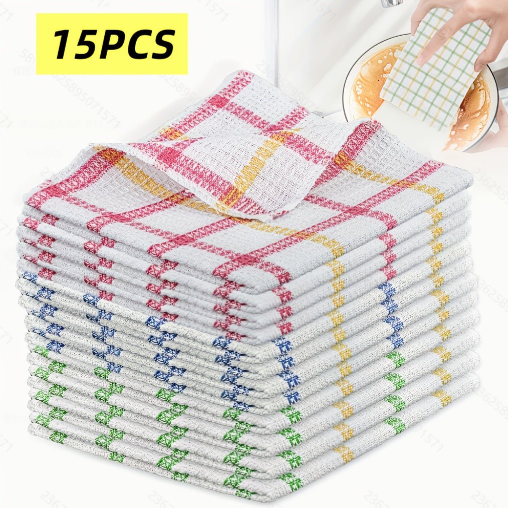 [Super Absorbent Dishcloths] 15pcs Super Absorbent Kitchen Dishcloths | Quick - Drying, Lint - Free, for Dishwashing, Countertops, Bathroom - Multi - Purpose Household Cleaning Towels (12/Box), Dish Drying, Checkered Pattern, Soft - Buy That Thang