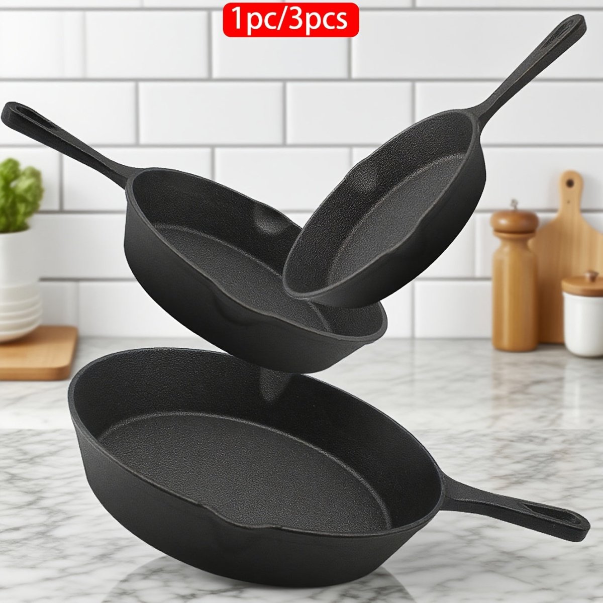 3pcs, 1pc Cast Iron Skillet Set, Cast Iron Pan Without Coating Set, 6 Inch/8 Inch/10 Inch Cast Iron Frying Pan for Steak, Eggs Cooking, Household Pan, Kitchen Accessories, Home Cookware Essentials, Multifunctional Pan for Ind - Buy That Thang