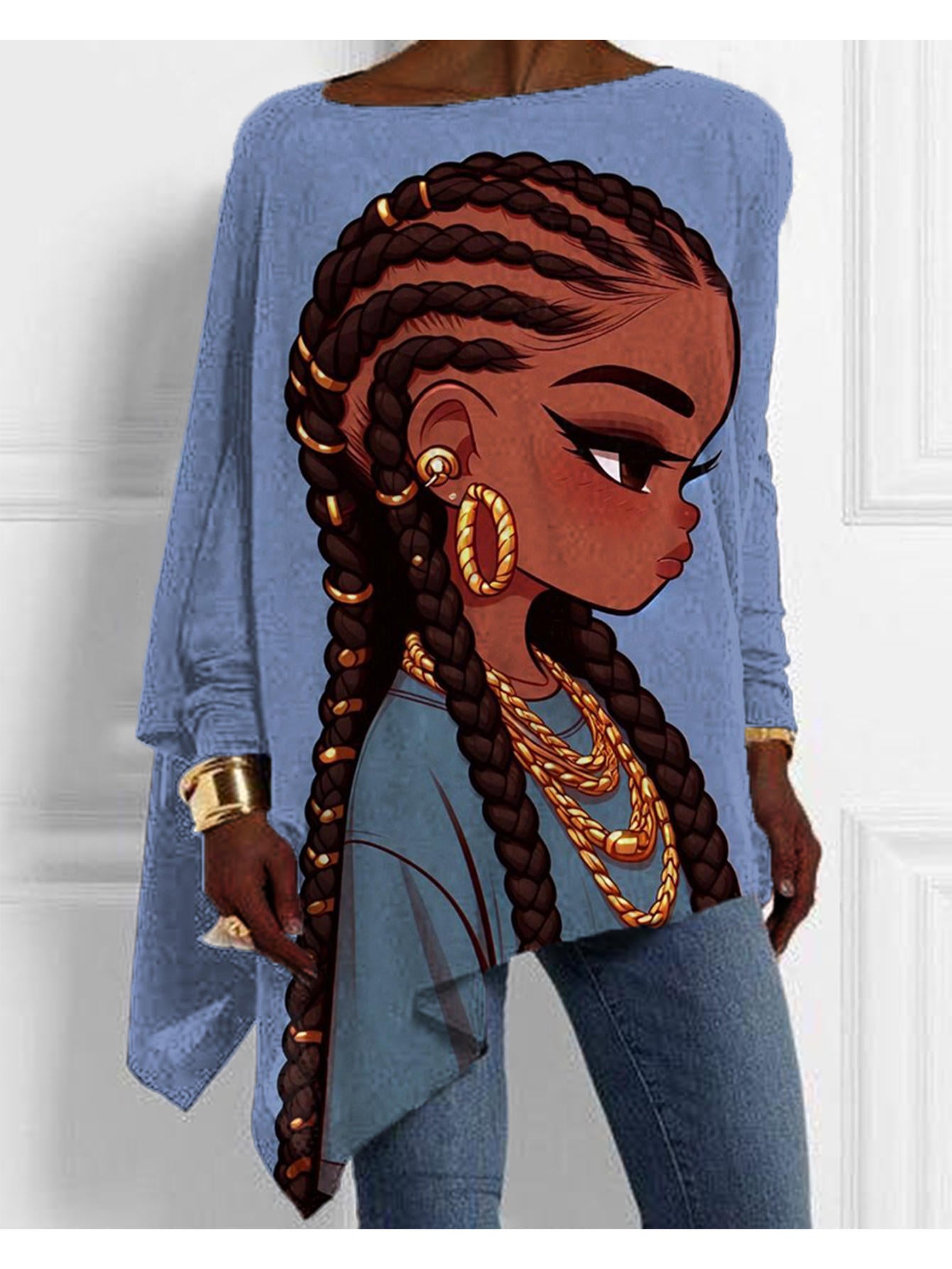 Women's Turquoise Blue & Golden Braids Print Floor-Length Dress - Loose Fit Long Sleeve A-Line Top with Golden Hoop-like Hem, Machine Washable Polyester for Spring/Fall Daily Wear, Casual to Semi-Formal Events (No Lining) - S