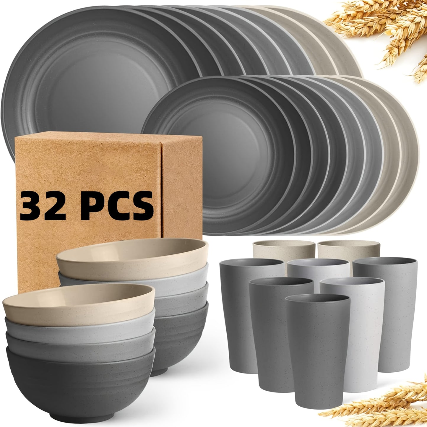 16/32pcs Kitchen Wheat Straw Large Size Dinnerware Set, For 4/8, Unbreakable Modern Dish Set Dinner Plate/Dessert Plate/Cereal Bowl/Cup, Dishwasher Safe, Lightweight Tableware, Camping And Everyday Use, Gifts For Men/Women/Ch