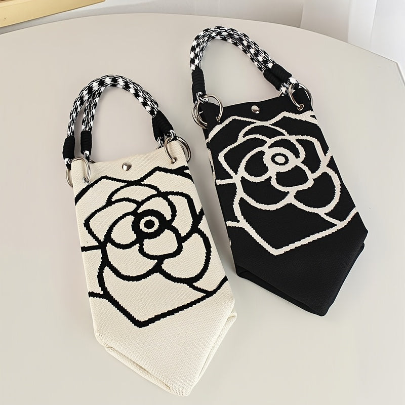 Ladies' Floral Knitted Handbag - Made of durable polyester, with a fixed shoulder strap and magnetic closure. The spacious white and black pattern design is suitable for travel, outdoor activities, and daily use - An eterna