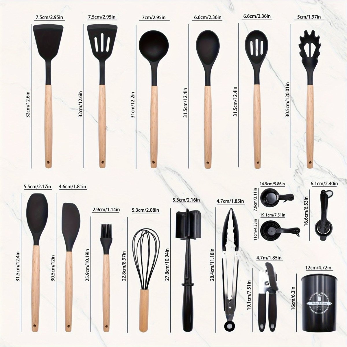 36pcs Nonstick Cookware Kitchen Utensil Set with Heat - Resistant Silicone & Non - Slip Wooden Handle - Heavy - Duty Food Grade Silicone Spatula, Tongs, Slotted Spoon, Ladle, Whisk, Turner, Pizza - like Opener for Pans, Grills, Fryi - Buy That Thang