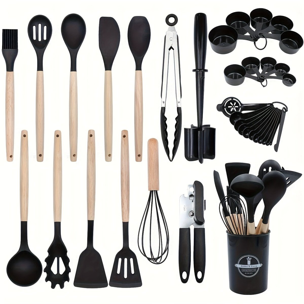 36pcs Nonstick Cookware Kitchen Utensil Set with Heat - Resistant Silicone & Non - Slip Wooden Handle - Heavy - Duty Food Grade Silicone Spatula, Tongs, Slotted Spoon, Ladle, Whisk, Turner, Pizza - like Opener for Pans, Grills, Fryi - Buy That Thang