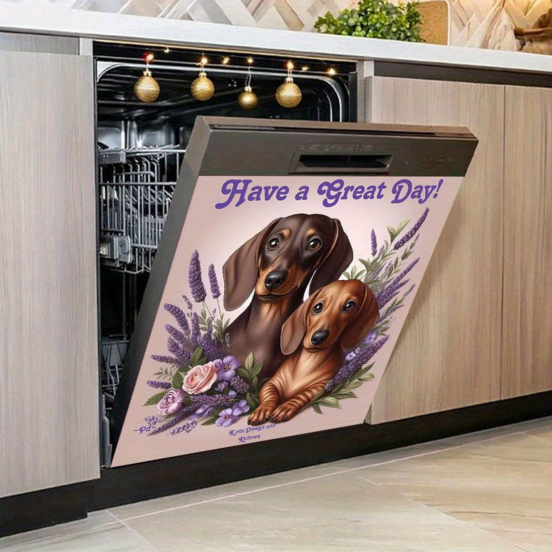 2pcs, 2D Flat = Cute Dachshund and Floral 2D Pattern Stickers, Suitable for Home Dishwasher, Washing Machine, Surface Refrigerator, Cabinet, Room, Door Bedroom, Kitchen, Office, and More, 2D Flat,