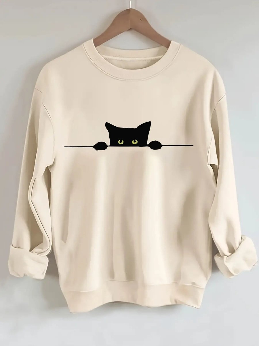 Women's Black Cat Print Sweater Blending Gray - Loose Fit Fall Winter Warm Pullover, Machine Washable Sweater with Rib - Cuff & H - Line Silhouette, Casual Streetwear Sweaters for Layering (Comfortable Loose - Fit Sweater) - Buy That Thang
