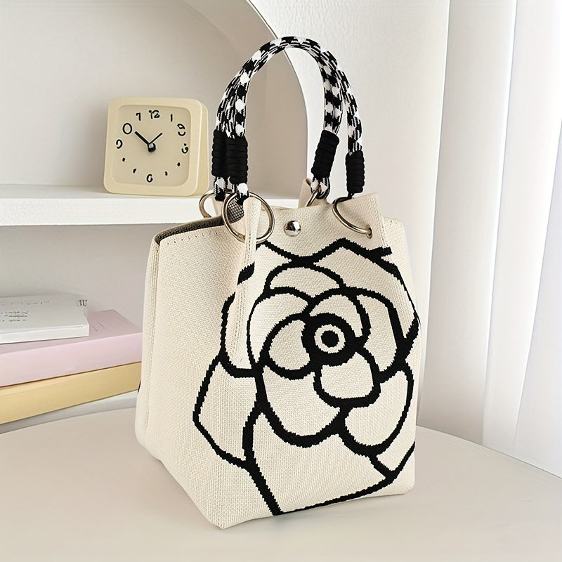 Ladies' Floral Knitted Handbag - Made of durable polyester, with a fixed shoulder strap and magnetic closure. The spacious white and black pattern design is suitable for travel, outdoor activities, and daily use - An eterna