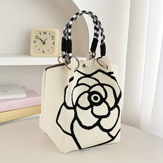 Ladies' Floral Knitted Handbag - Made of durable polyester, with a fixed shoulder strap and magnetic closure. The spacious white and black pattern design is suitable for travel, outdoor activities, and daily use - An eterna - Buy That Thang