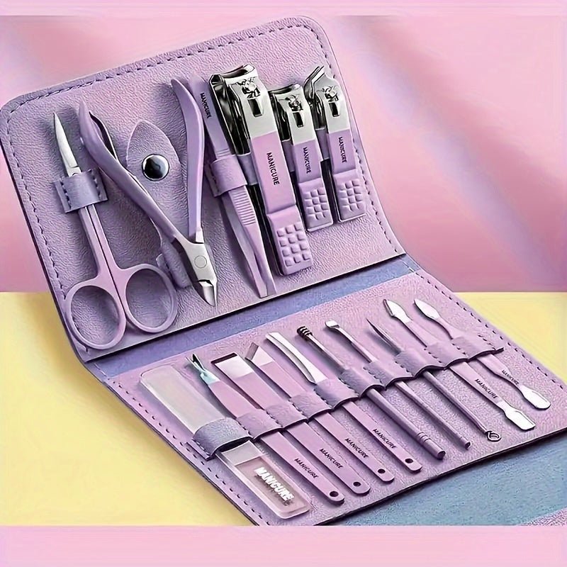 1 Set 16pcs Professional Stainless Steel Nail & Foot Care Set with Straight - Edge Nail Files, Ear Picker, Scissors, Nail Polish Remover, Nail Polish Brushes - Buy That Thang