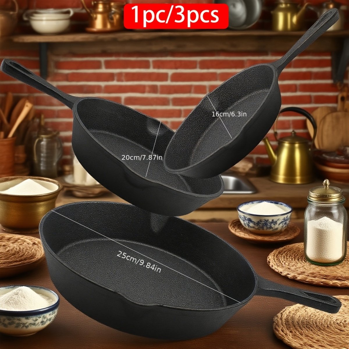 3pcs, 1pc Cast Iron Skillet Set, Cast Iron Pan Without Coating Set, 6 Inch/8 Inch/10 Inch Cast Iron Frying Pan for Steak, Eggs Cooking, Household Pan, Kitchen Accessories, Home Cookware Essentials, Multifunctional Pan for Ind - Buy That Thang