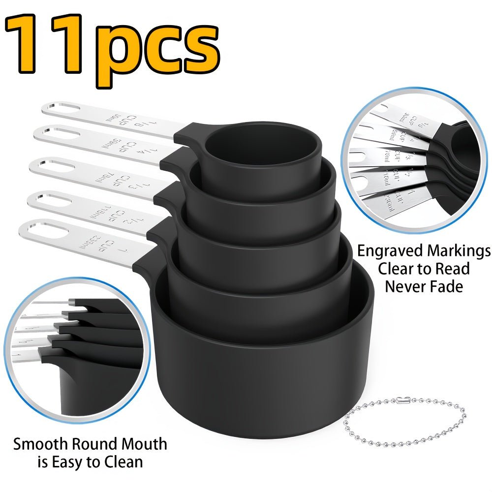 11pcs Stackable Measuring Cup and Spoon Set with Stainless Steel Handle - Durable Plastic Kitchen Tools, Clear Measurement Markings, Space - Saving Design for Precise Cooking, Baking, and Liquid/Dry Ingredient Measurements - Id - Buy That Thang