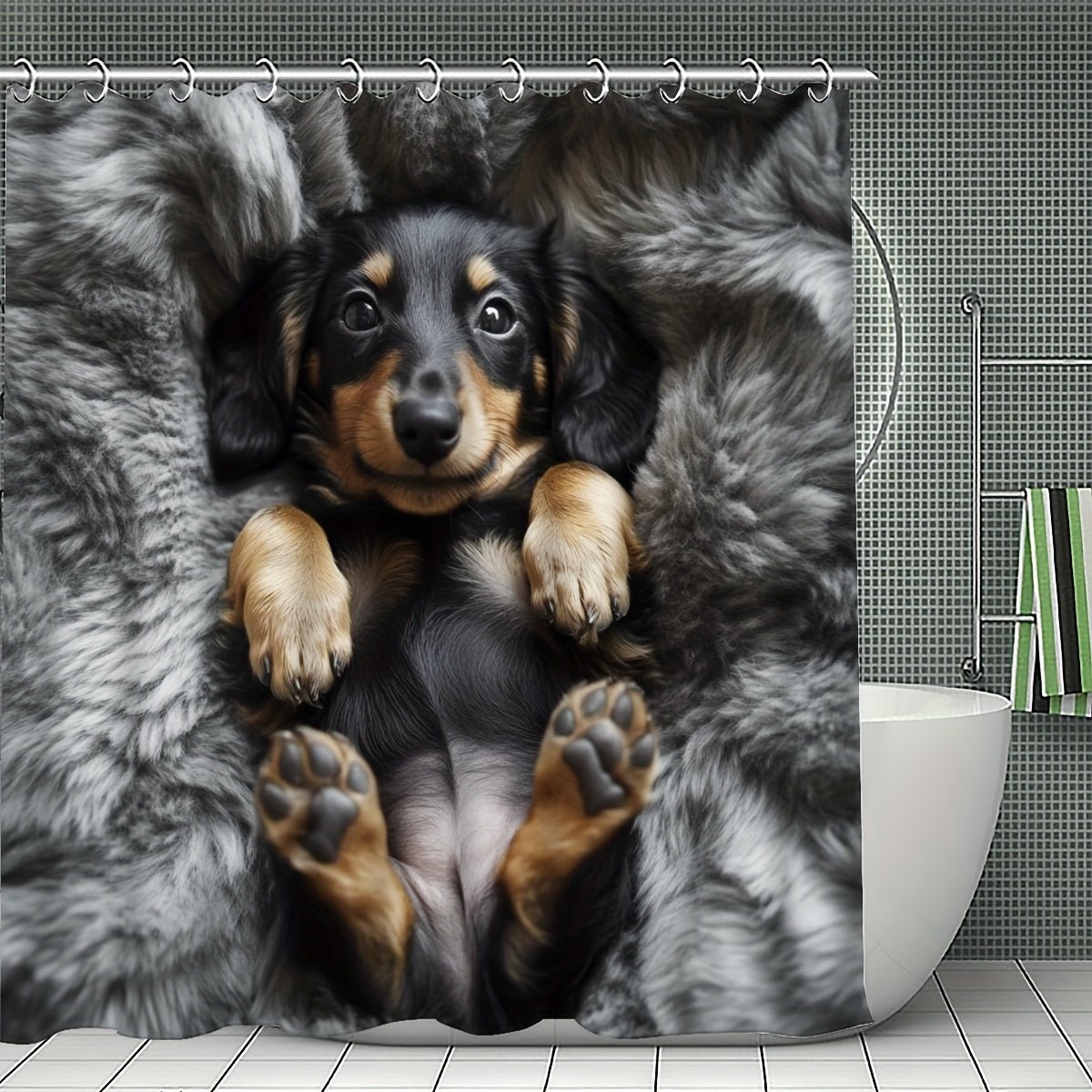 1/3/4pcs Cozy Puppy Shower Curtain Set - Adorable Dachshund Design with, U - Shaped & Toilet Lid Cover, 12 Hooks, 70.87x70.87inch, Polyester, All - Season Use, Dog Lover Home Decor, Dog Lover Gifts, Playful Design, Durable Fabric - Buy That Thang