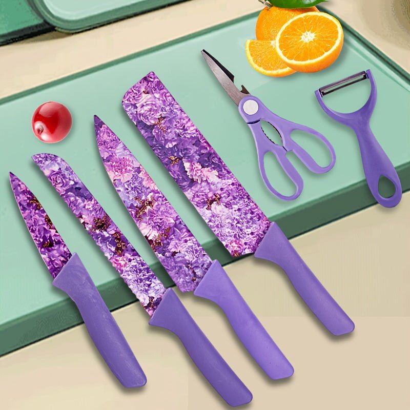 6pcs Jasmine Flower Pattern Kitchen Knife Set Colorful Printing, High Carbon Stainless Steel Blades, Ergonomic Handles, Sharp Meat Cleaver, Serrated Bread Knife, Precise Scissors, Peeler - Perfect Cooking Gifts for Women And - Buy That Thang