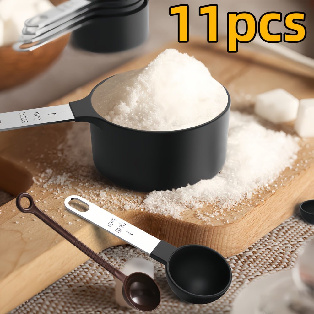 11pcs Stackable Measuring Cup and Spoon Set with Stainless Steel Handle - Durable Plastic Kitchen Tools, Clear Measurement Markings, Space - Saving Design for Precise Cooking, Baking, and Liquid/Dry Ingredient Measurements - Id - Buy That Thang