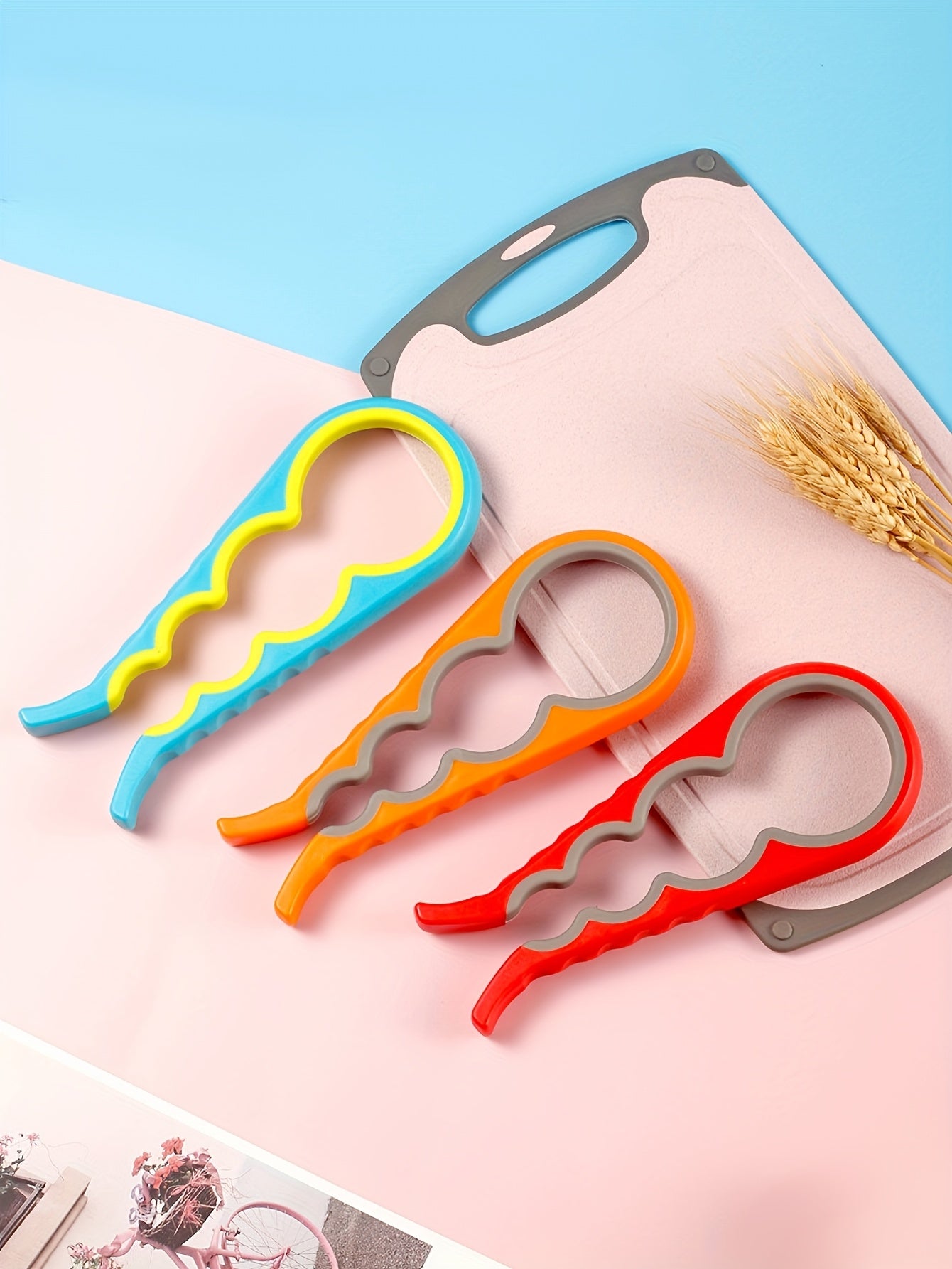 [4-in-1 Can Opener] 4-in-1 Anti-Slip Can Opener with Ergonomic Silicone Handle | Manual Kitchen Tool for Cans, Jars & Jam Lids | Durable Plastic, 4 Colors (Yellow, Blue, Orange, Red)