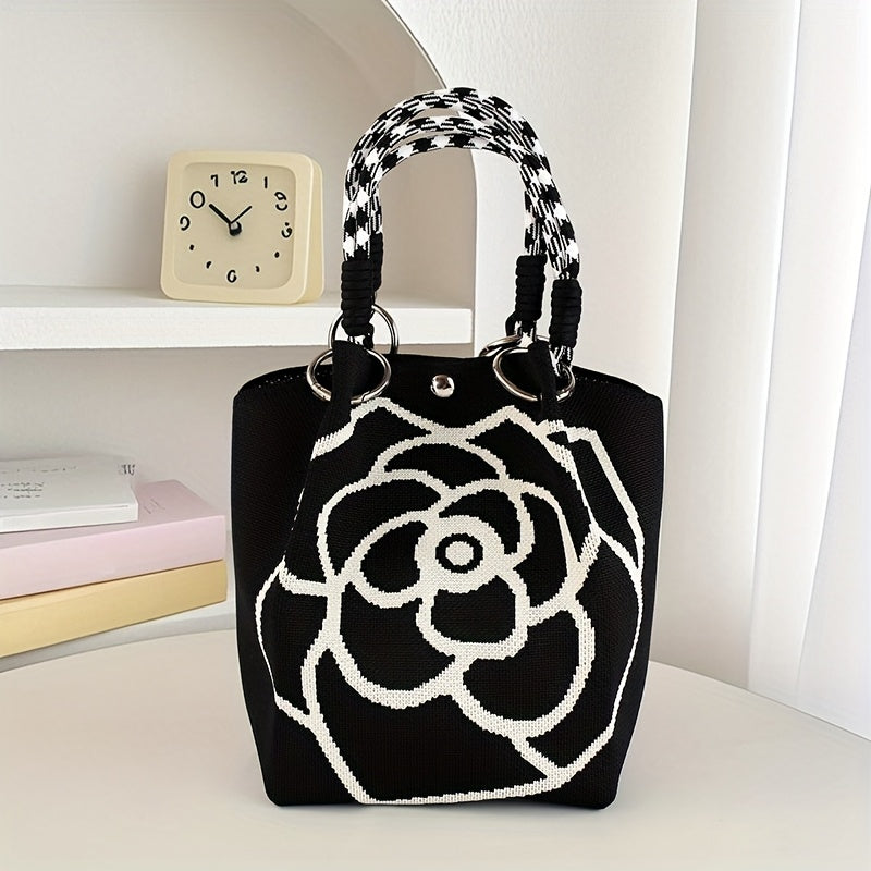 Ladies' Floral Knitted Handbag - Made of durable polyester, with a fixed shoulder strap and magnetic closure. The spacious white and black pattern design is suitable for travel, outdoor activities, and daily use - An eterna