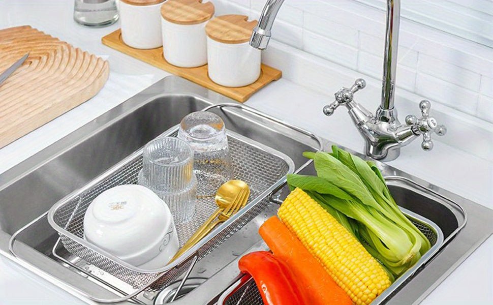 [Expandable Water Filter Basket] Stainless Steel Expandable Water Filter Basket - Large Adjustable & Foldable Design, Portable Telescopic Rack for Fruits Vegetables, Food - Safe Heavy - Duty Kitchen Essential (13.39x9.45 Inches), - Buy That Thang