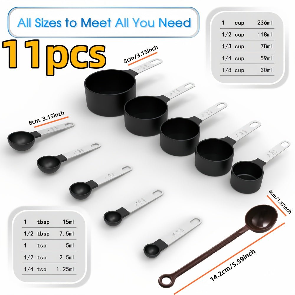 11pcs Stackable Measuring Cup and Spoon Set with Stainless Steel Handle - Durable Plastic Kitchen Tools, Clear Measurement Markings, Space - Saving Design for Precise Cooking, Baking, and Liquid/Dry Ingredient Measurements - Id - Buy That Thang