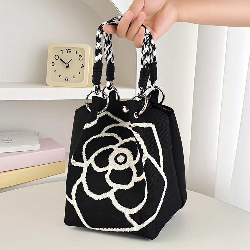 Ladies' Floral Knitted Handbag - Made of durable polyester, with a fixed shoulder strap and magnetic closure. The spacious white and black pattern design is suitable for travel, outdoor activities, and daily use - An eterna