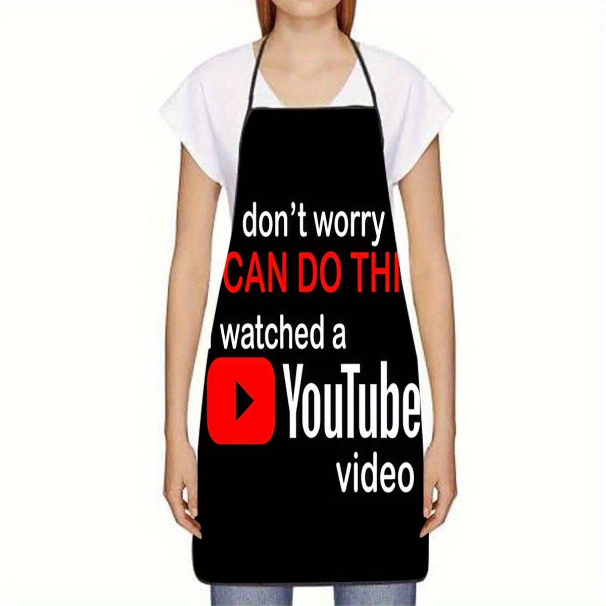 1pc Funny "Don't Worry, I Can Do This" YouTube-Inspired Polyester Apron for Cooking, Baking & Grilling - Black with Red Play Button Design, Adjustable Neck Strap, Perfect Kitchen Gift for Adults, Grilling Apron