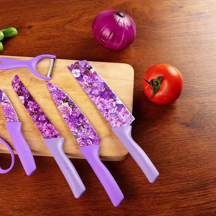 6pcs Jasmine Flower Pattern Kitchen Knife Set Colorful Printing, High Carbon Stainless Steel Blades, Ergonomic Handles, Sharp Meat Cleaver, Serrated Bread Knife, Precise Scissors, Peeler - Perfect Cooking Gifts for Women And - Buy That Thang