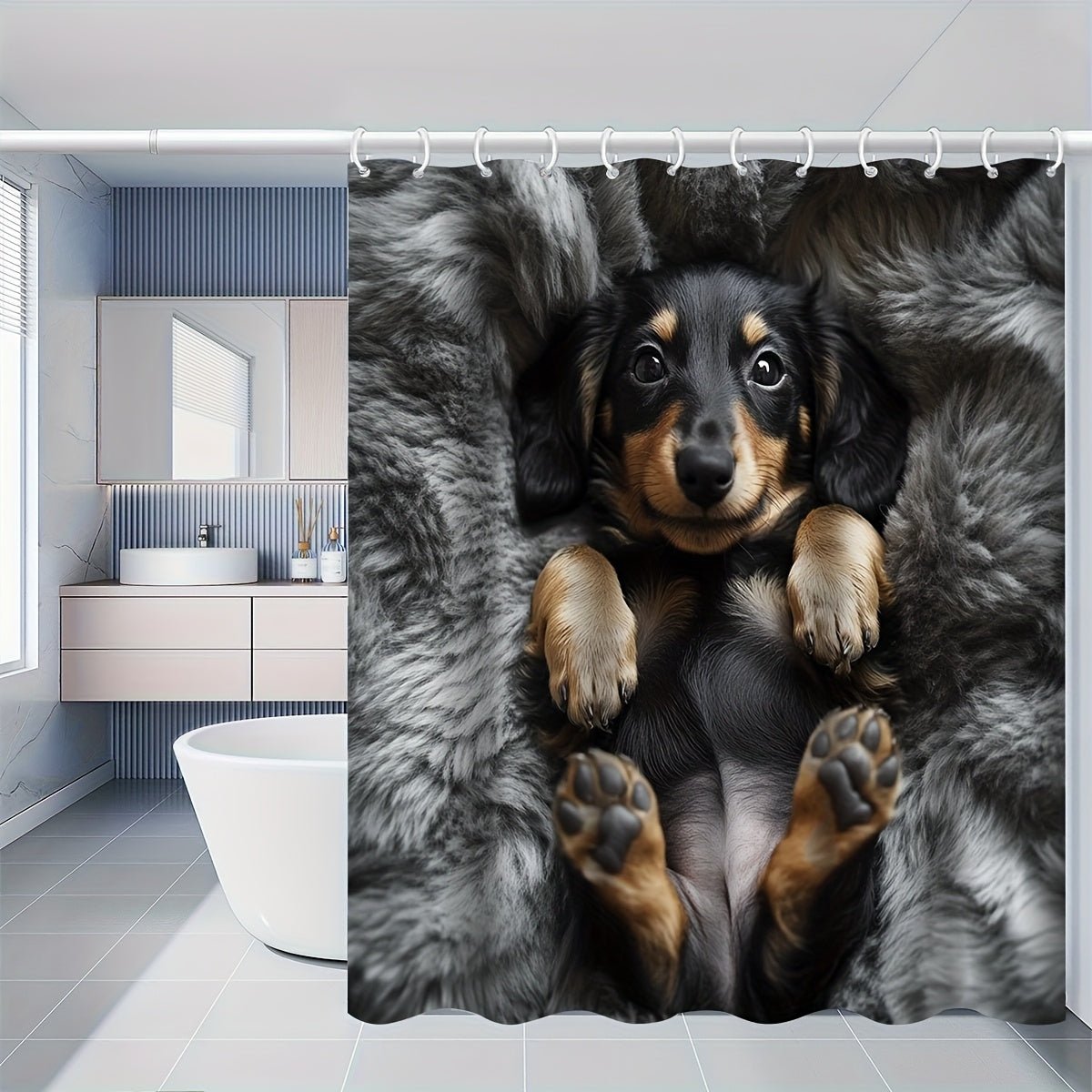 1/3/4pcs Cozy Puppy Shower Curtain Set - Adorable Dachshund Design with, U - Shaped & Toilet Lid Cover, 12 Hooks, 70.87x70.87inch, Polyester, All - Season Use, Dog Lover Home Decor, Dog Lover Gifts, Playful Design, Durable Fabric - Buy That Thang