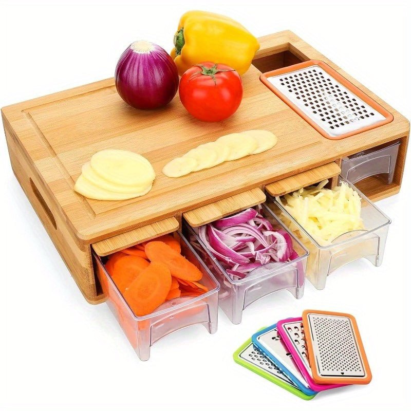 1pc Durable Bamboo Cutting Board With Drawers, With Juice Grooves, Easy - Grip Handles & Food Sliding Opening, Carving Board With Trays For Food Storage, Transport And Cleanup, Essential For Apartments, Gifts For Men Dad Father - Buy That Thang