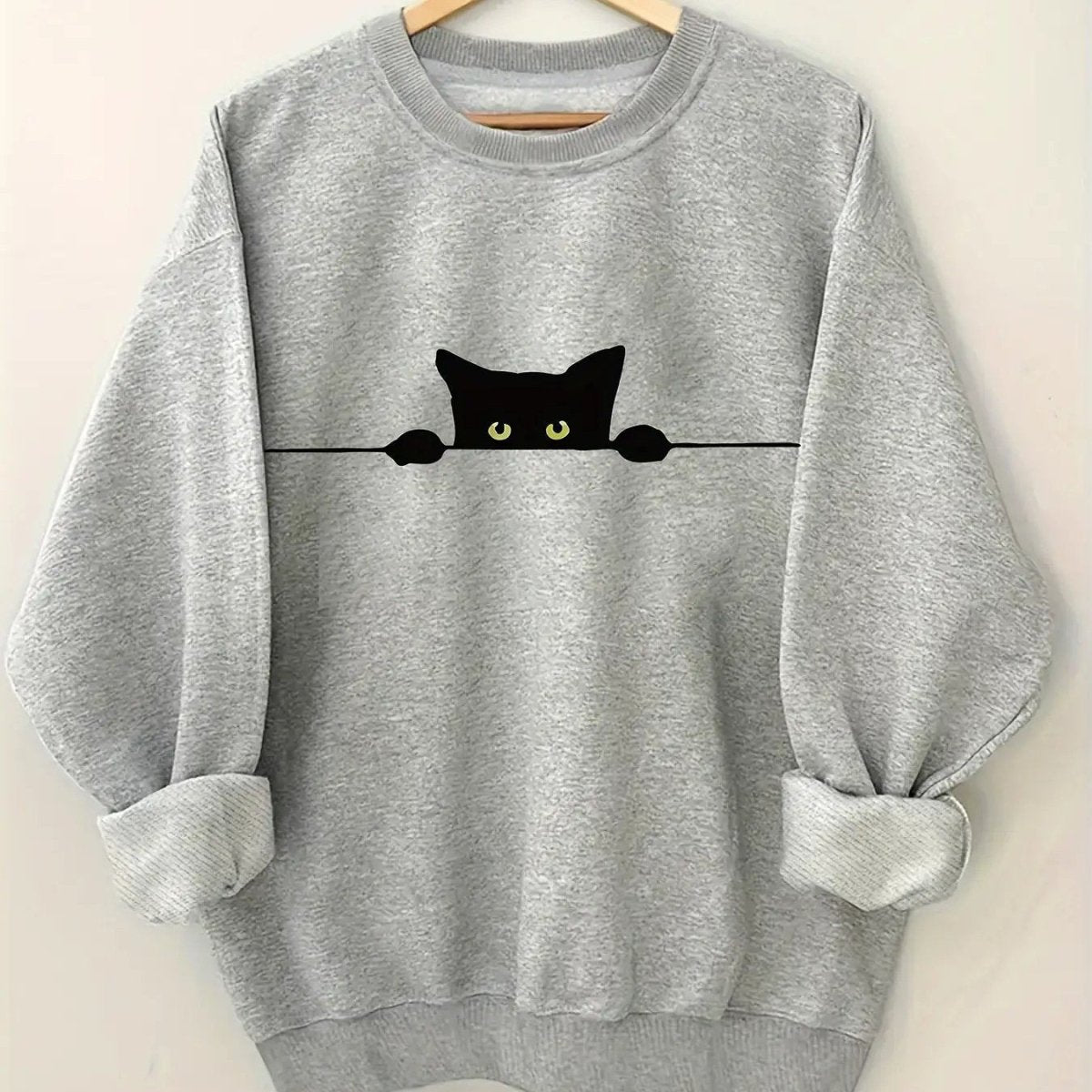 Women's Black Cat Print Sweater Blending Gray - Loose Fit Fall Winter Warm Pullover, Machine Washable Sweater with Rib - Cuff & H - Line Silhouette, Casual Streetwear Sweaters for Layering (Comfortable Loose - Fit Sweater) - Buy That Thang