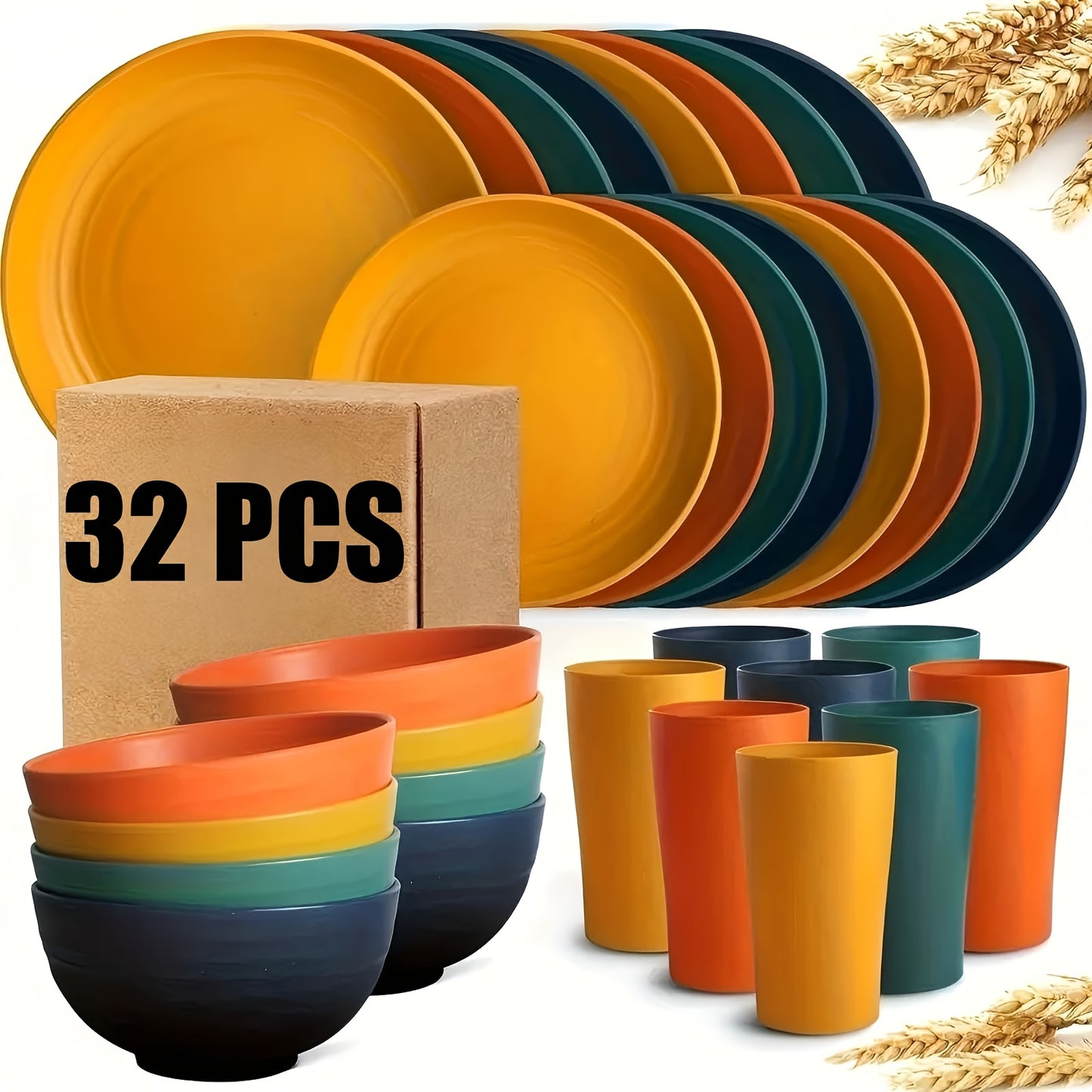 16/32pcs Kitchen Wheat Straw Large Size Dinnerware Set, For 4/8, Unbreakable Modern Dish Set Dinner Plate/Dessert Plate/Cereal Bowl/Cup, Dishwasher Safe, Lightweight Tableware, Camping And Everyday Use, Gifts For Men/Women/Ch