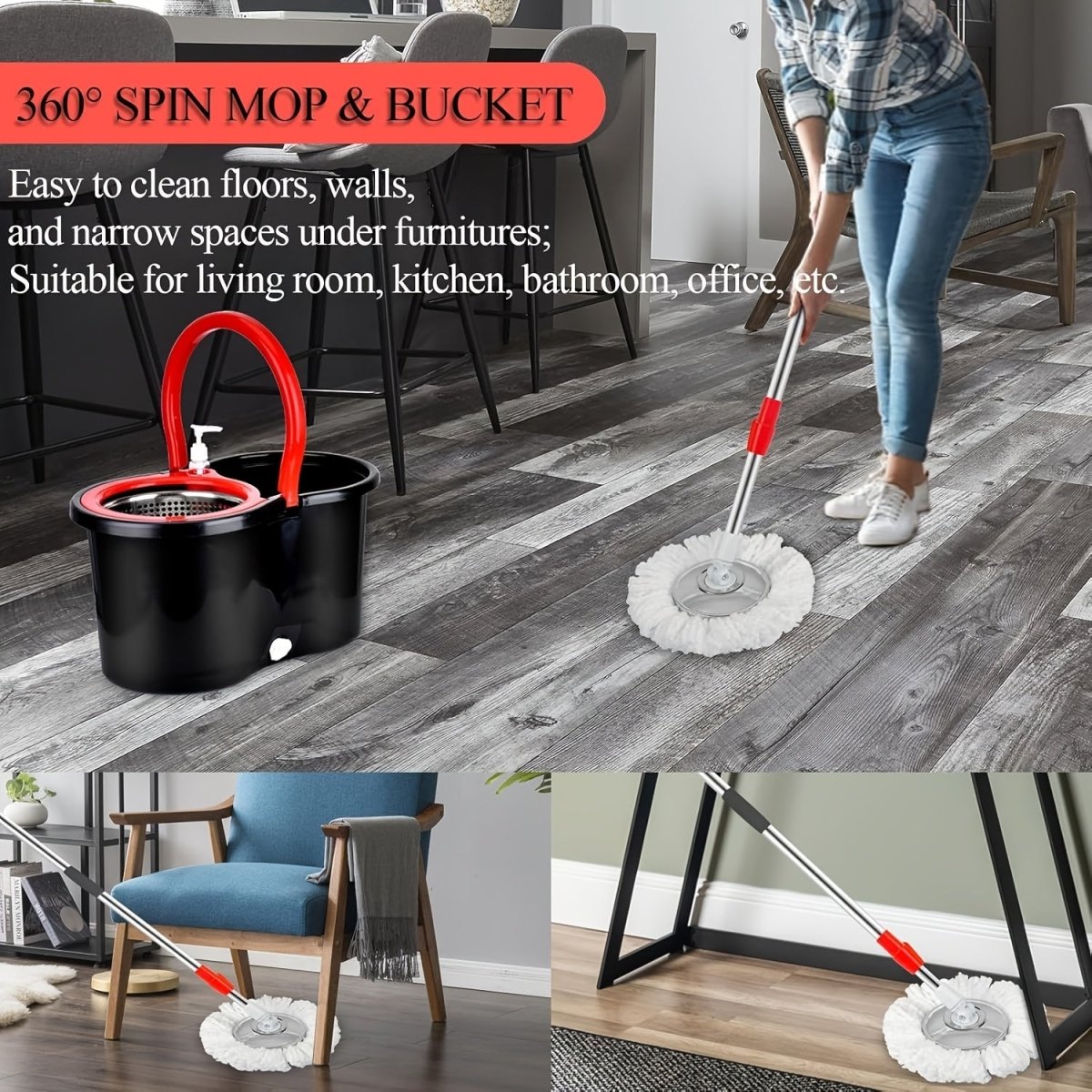 4 - in - 1 Spin Mop and Bucket Set with 4 Mop Heads, 360° Spin Mop Kit with 2 Microfiber Mop Heads, Spinning Mop Bucket System for Floor Cleaning - Ideal for Living Room, Bedroom, Bathroom, Kitchen, and Toilet, Mop Bucket System - Buy That Thang
