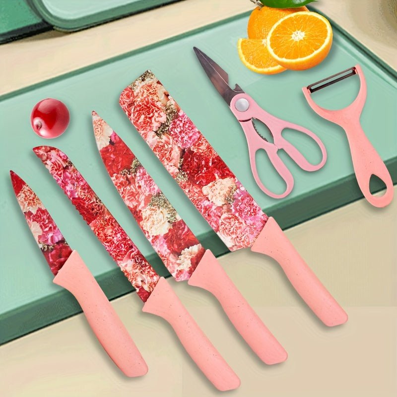6pcs Jasmine Flower Pattern Kitchen Knife Set Colorful Printing, High Carbon Stainless Steel Blades, Ergonomic Handles, Sharp Meat Cleaver, Serrated Bread Knife, Precise Scissors, Peeler - Perfect Cooking Gifts for Women And - Buy That Thang
