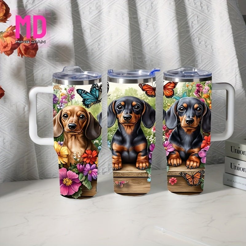 40oz Large Dachshund - Themed Vacuum Insulated Mug with Cute Dachshund Puppies & Bone Patterns, Leakproof Lid & Handle - Double - Wall Insulation for Hot/Cold Drinks, Travel Coffee Cup for Dog Lovers, Outdoor, Camping,, Gift, Cof - Buy That Thang