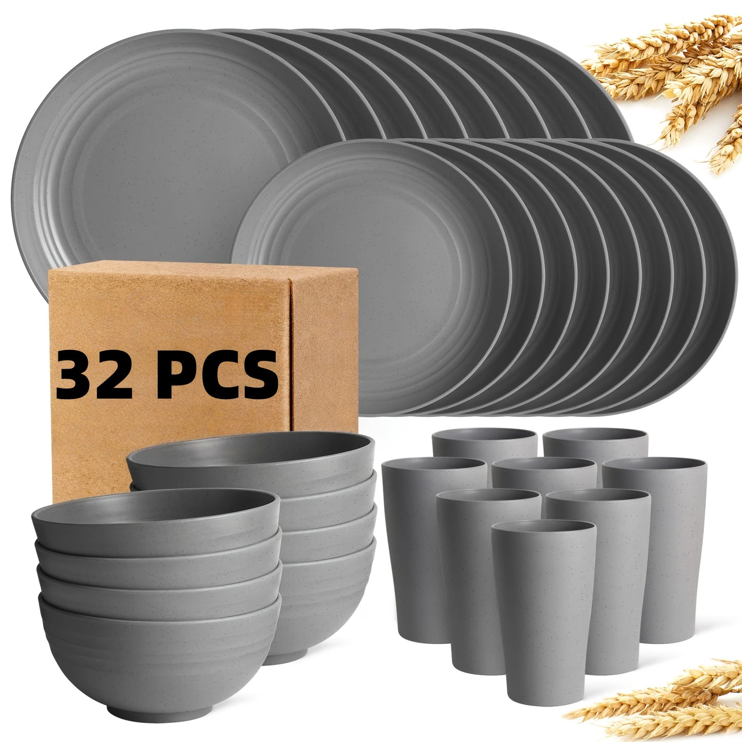 16/32pcs Kitchen Wheat Straw Large Size Dinnerware Set, For 4/8, Unbreakable Modern Dish Set Dinner Plate/Dessert Plate/Cereal Bowl/Cup, Dishwasher Safe, Lightweight Tableware, Camping And Everyday Use, Gifts For Men/Women/Ch