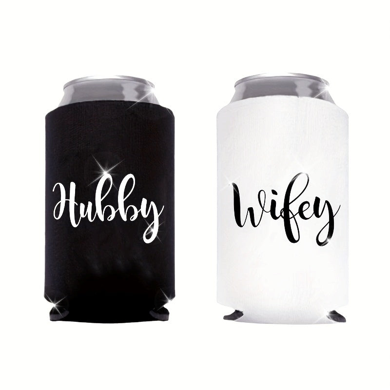 2pcs Hubby & Wifey Engraved Koozies - Reusable, Cans & Glassware Holders with "Hubby" & "Wifey" Design, Ideal for Weddings, Bachelor/Bachelorette Parties & More, Party Accessory | Personalized Koozies | Durable Koo