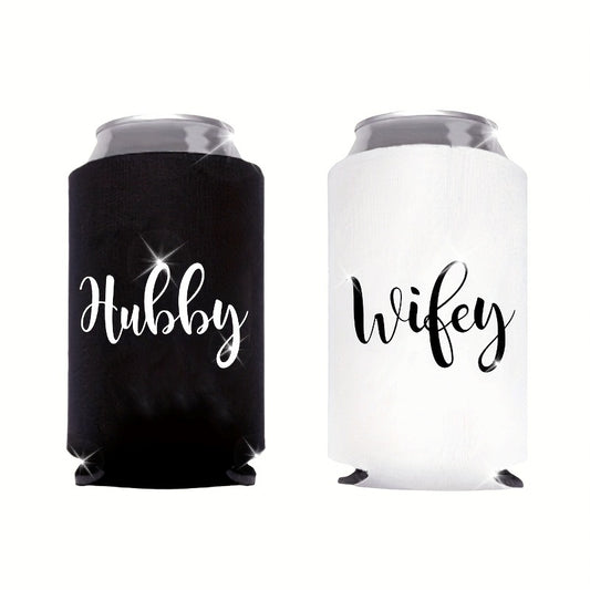2pcs Hubby & Wifey Engraved Koozies - Reusable, Cans & Glassware Holders with "Hubby" & "Wifey" Design, Ideal for Weddings, Bachelor/Bachelorette Parties & More, Party Accessory | Personalized Koozies | Durable Koo